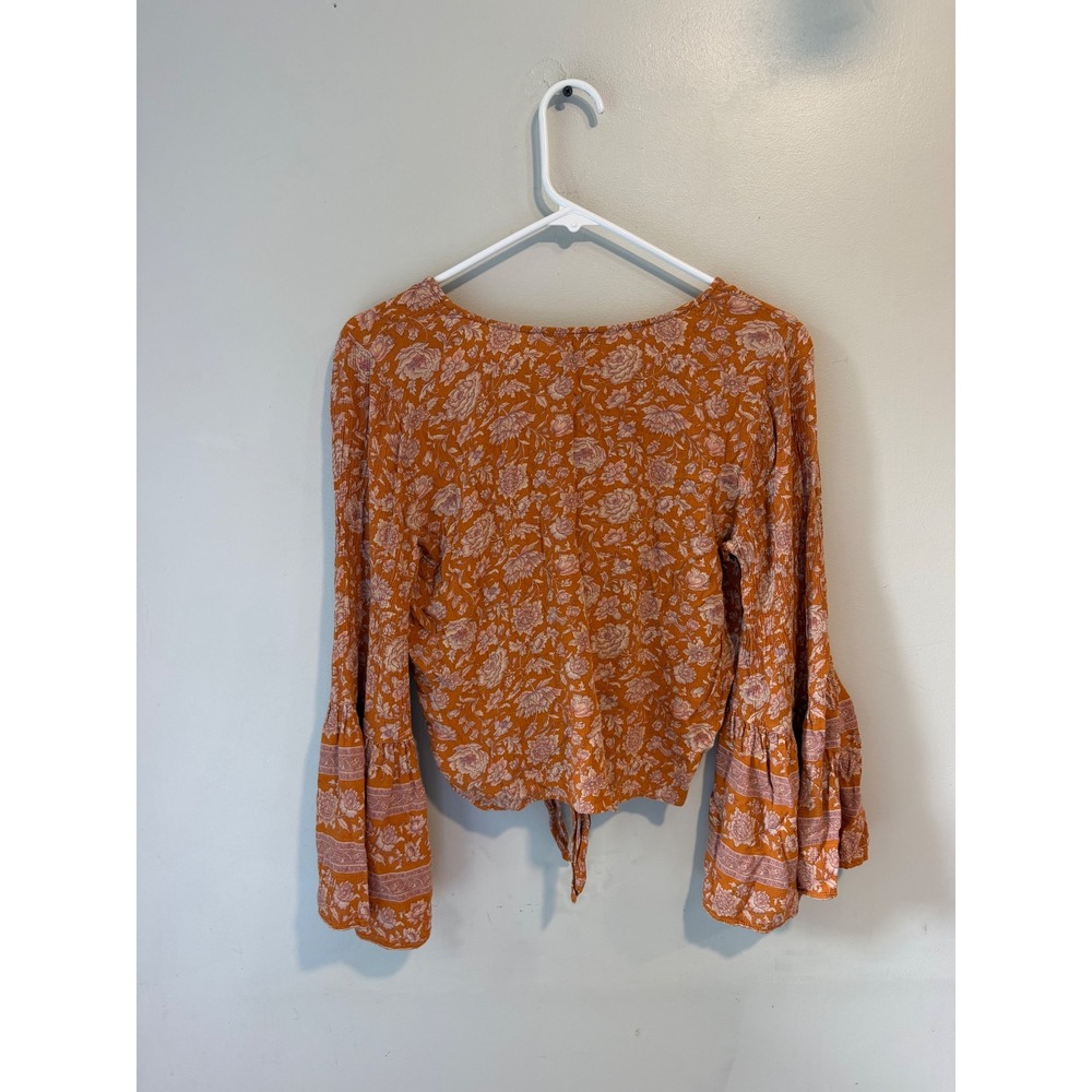 American Eagle Floral Tie Front Bell Sleeve Crop Top Rust Orange Boho Womens M - Picture 5 of 8